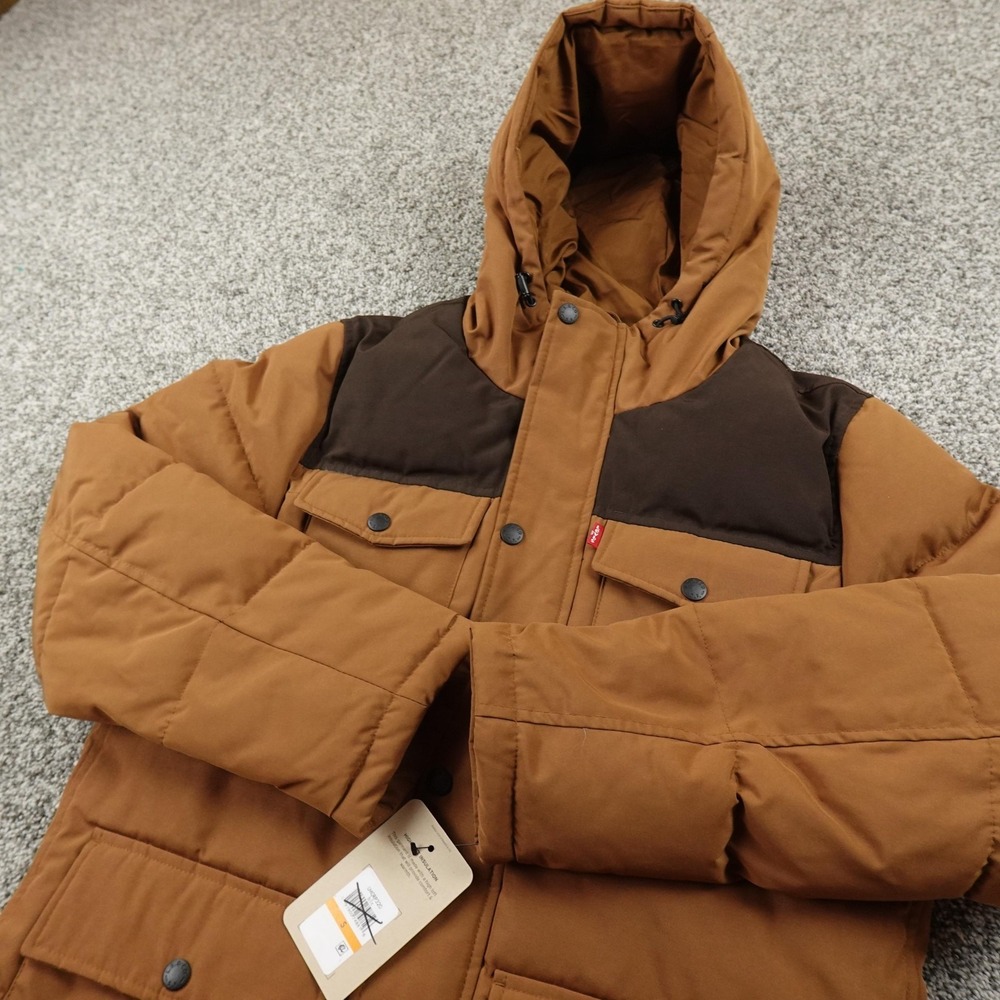 NEW Levis Jacket Mens S Brown Hooded Quilted Parka Insulated Puffer Chore Coat